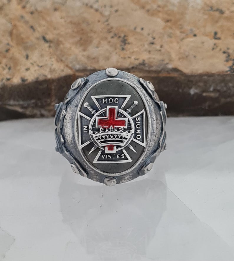 Sterling Silver Knights Templar Ring with Labradorite – In Hoc Signo Vinces Cross - Bricks Masons