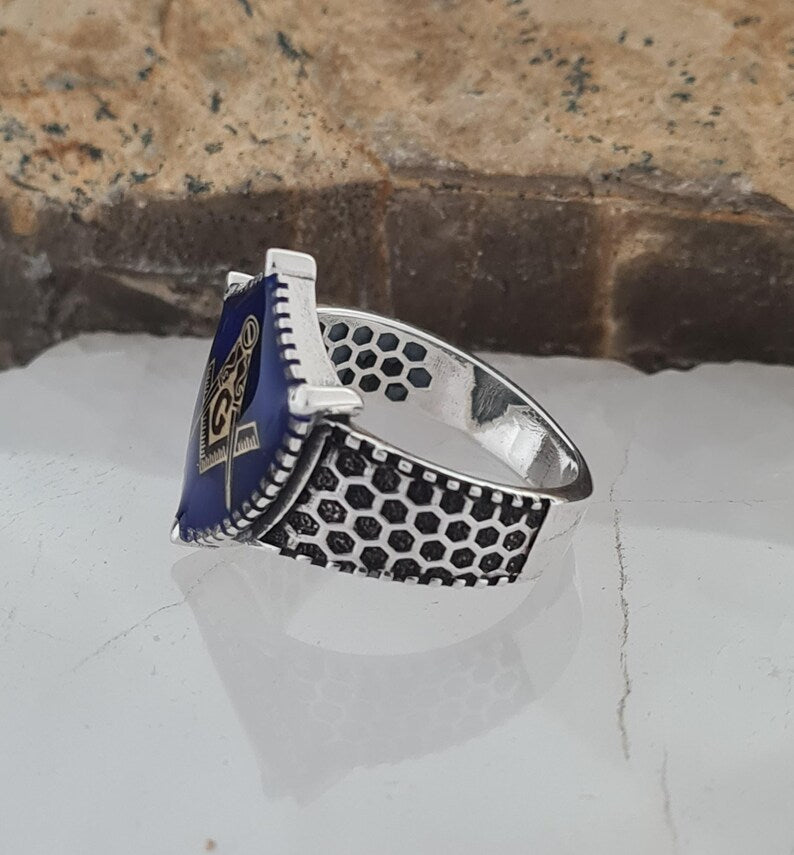 Master Mason Blue Lodge Ring - Handmade Sterling Silver - Bricks Masons