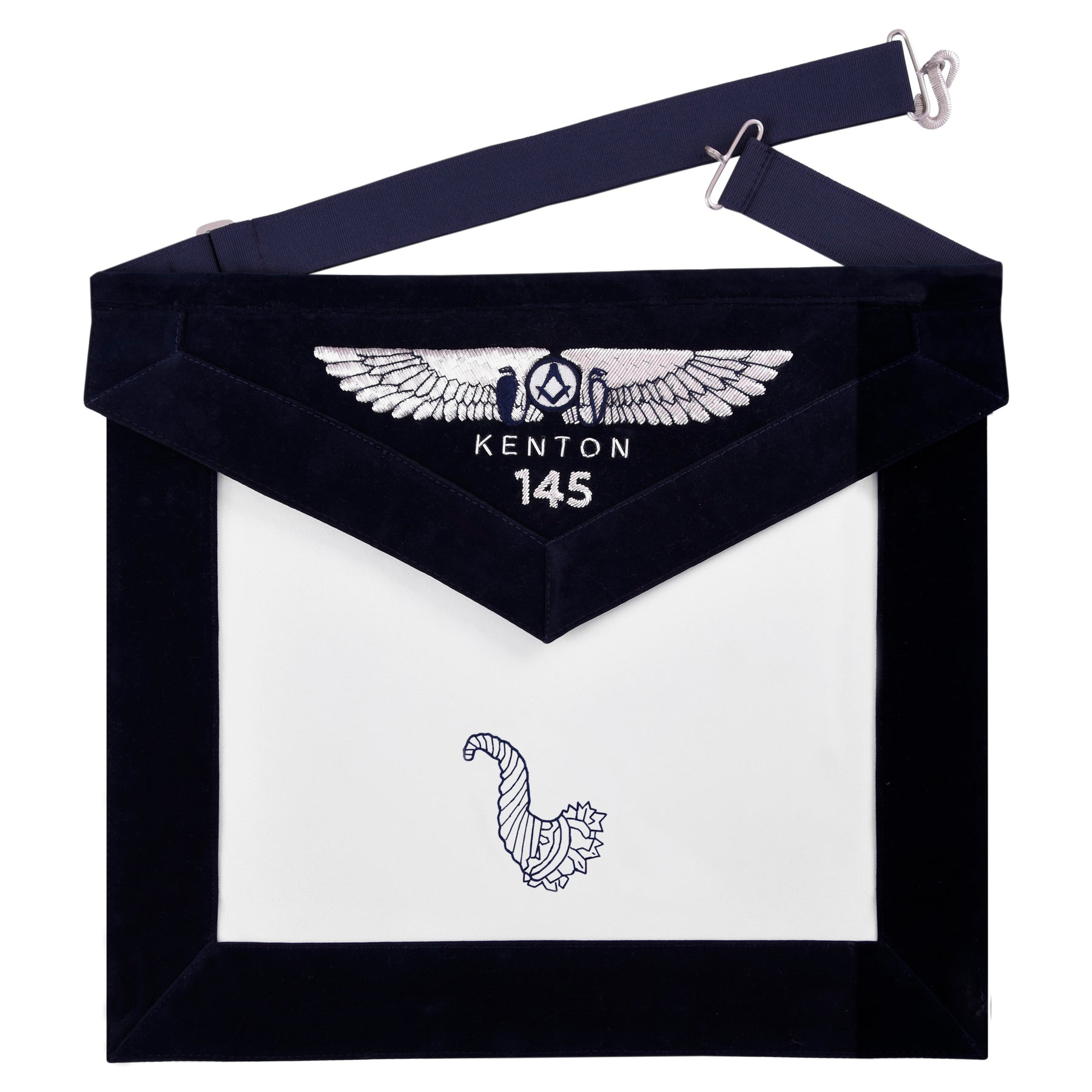 Junior Steward Blue Lodge Officer Apron - Kenton Lodge Navy Velvet With Silver Embroidery Thread - Bricks Masons