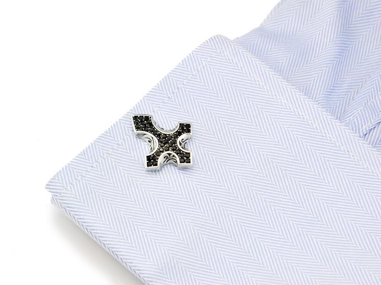Knights Templar Cufflink - Electroplated Black Rhinestones Filled Cross - Bricks Masons