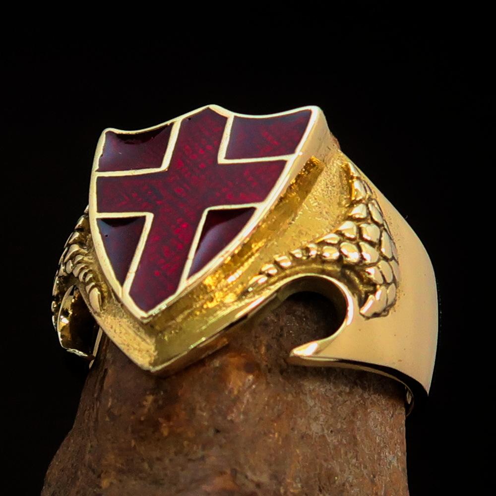 Knights Templar Ring - Brass Knight & Shield With Red Cross - Bricks Masons