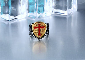 Knights Templar Ring - Red Cross Gold Shield - Bricks Masons