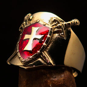 Knights Templar Ring - Red & Gold Shield Solid Brass - Bricks Masons