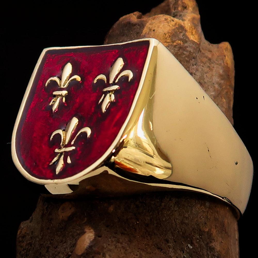 Knights Templar Ring - Red Knight Fleur De Lis Cross Brass - Bricks Masons