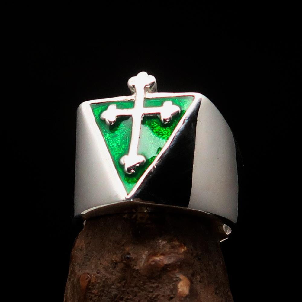 Knights Templar Ring - Silver & Green Cross Sterling Silver - Bricks Masons