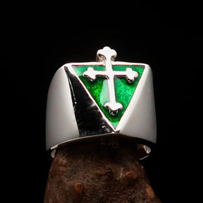 Knights Templar Ring - Silver & Green Cross Sterling Silver - Bricks Masons