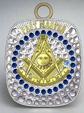 Past Master Blue Lodge Pendant - White Gold Plated With Rhinestones - Bricks Masons