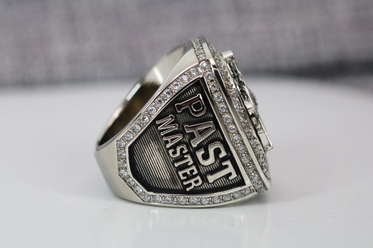 Past Master Blue Lodge Ring - White Gold Plated With Rhinestones - Bricks Masons