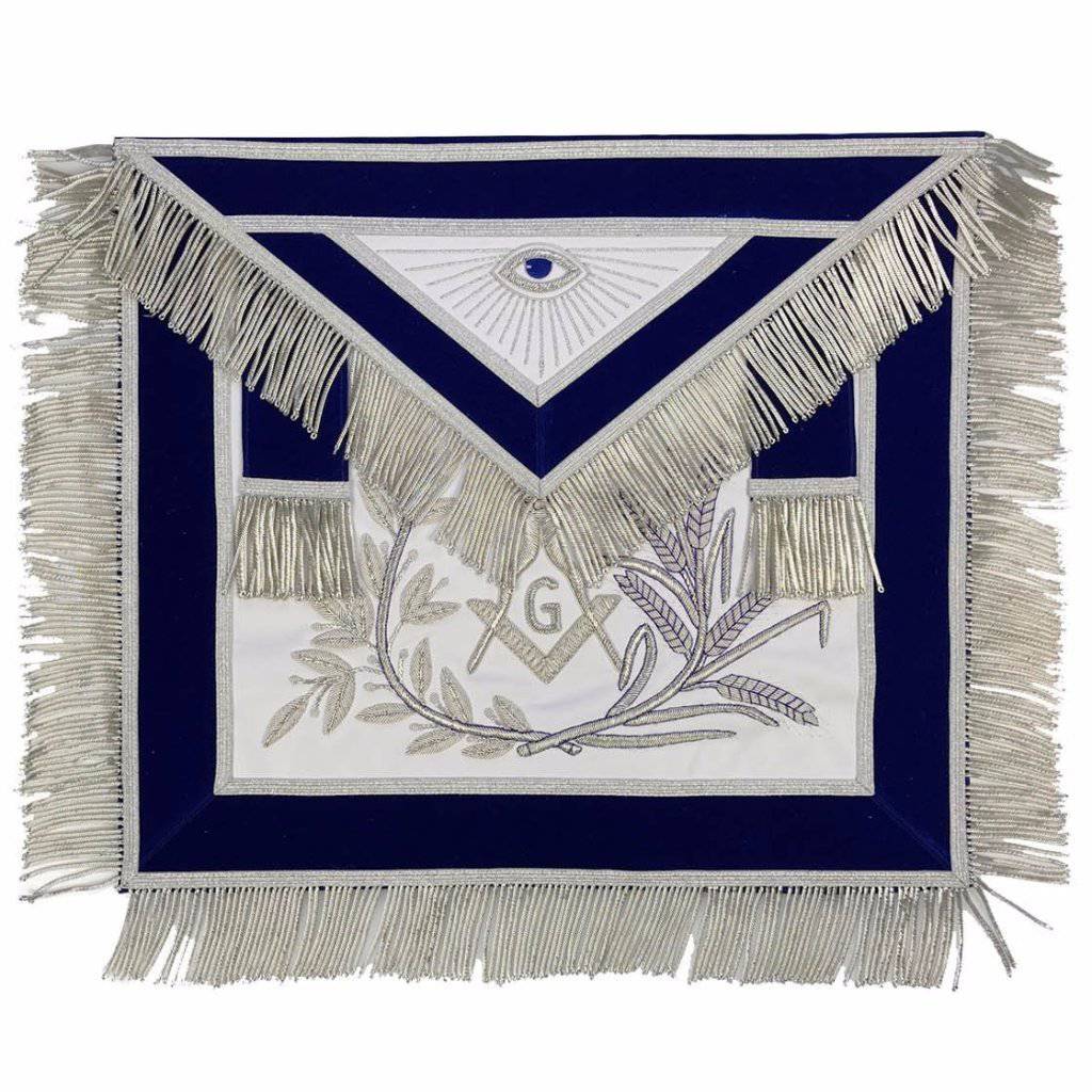Master Mason Blue Lodge Apron - Blue Velvet with Silver Fringe Hand Embroidered - Bricks Masons