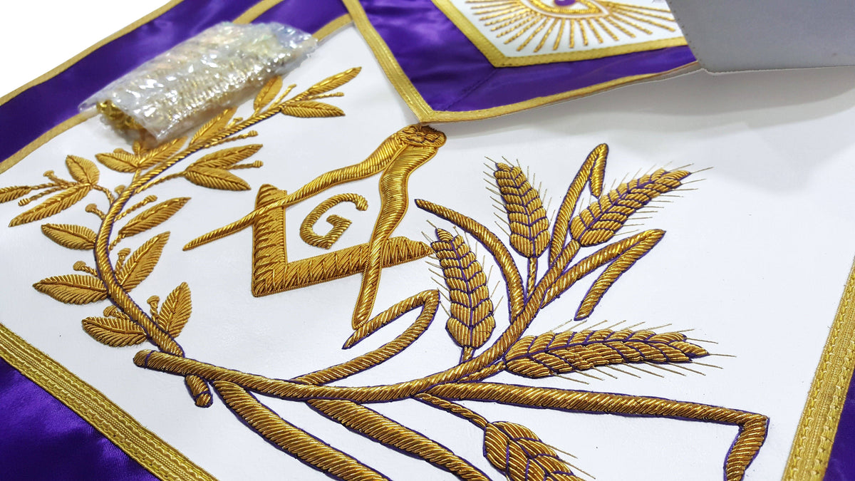Master Mason Blue Lodge Apron - Purple Gold Hand Embroidery - Bricks Masons