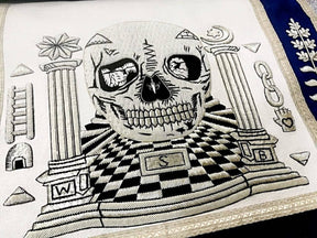 Master Mason Blue Lodge Apron - Skull Pillars Masters Carpet Silver Embroidery - Bricks Masons