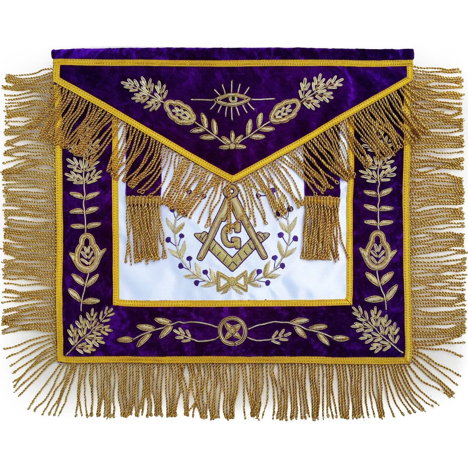 Master Mason Blue Lodge Apron - White Satin & Purple with Gold Fringe - Bricks Masons