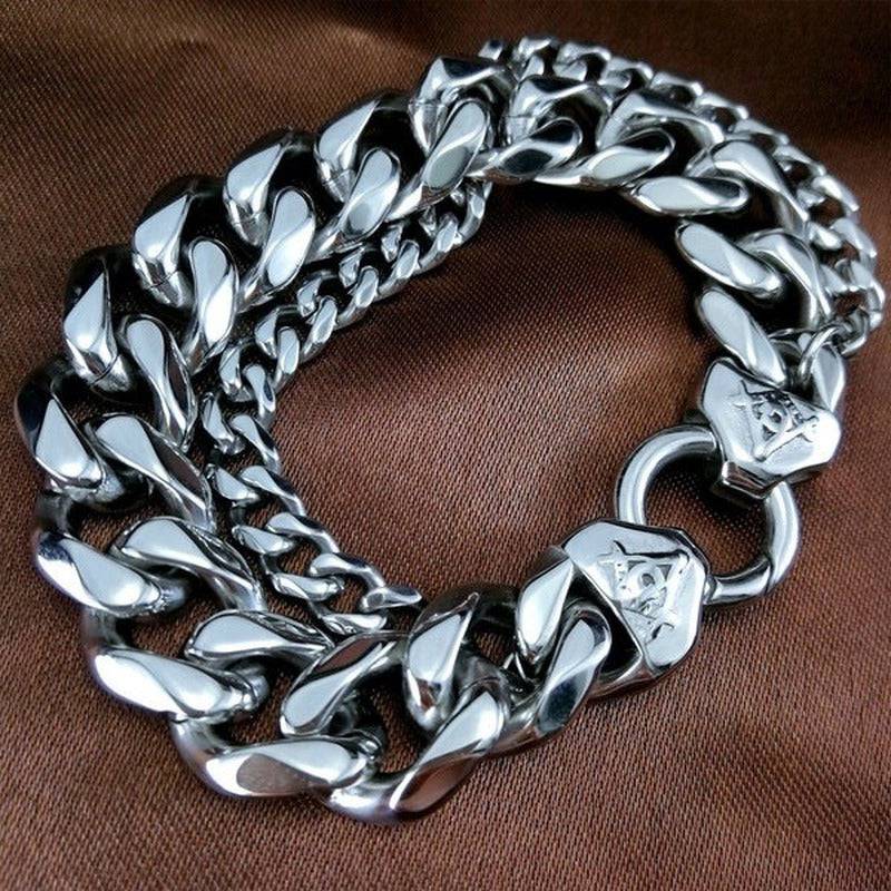 Master Mason Blue Lodge Bracelet - Polished Stainless Steel Cuban Chain - Bricks Masons
