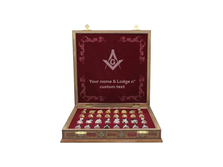 Master Mason Blue Lodge Chess Set - Wood Mosaic Pattern - Bricks Masons