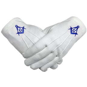 Master Mason Blue Lodge Gloves - White Cotton with Royal Blue Square & Compass G - Bricks Masons