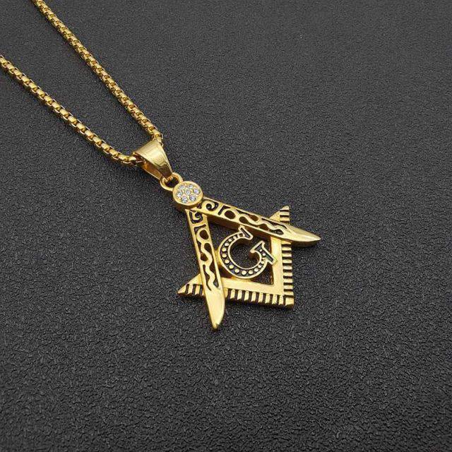 Master Mason Blue Lodge Necklace - Crystal Square & Compass G [Gold & Silver] - Bricks Masons