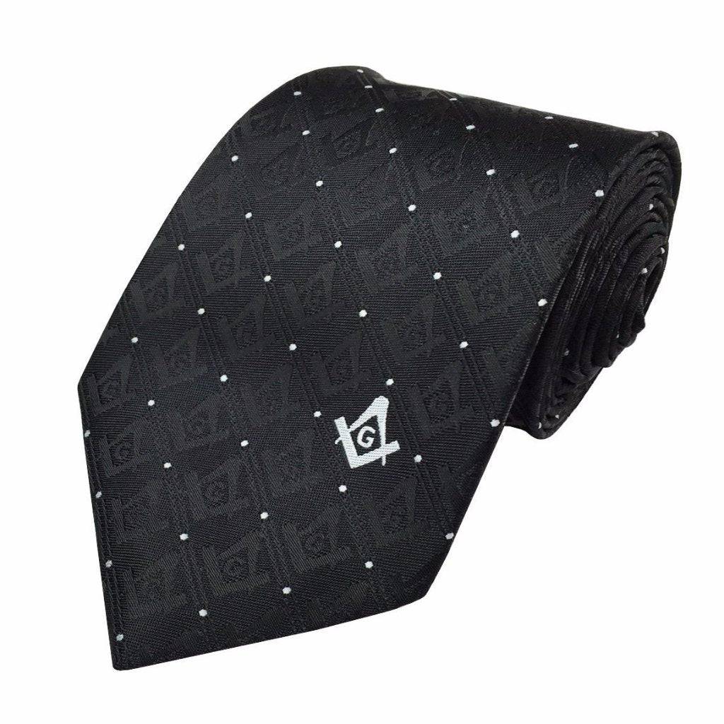 Master Mason Blue Lodge Necktie - Black with Polkadot Square & Compass G - Bricks Masons