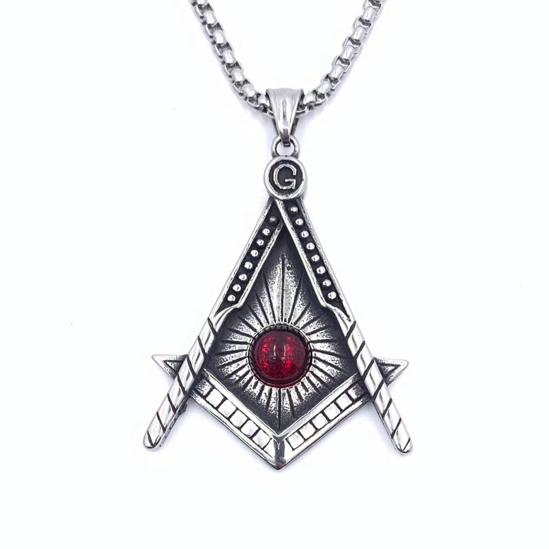 Master Mason Blue Lodge Pendant - Silver Titanium Steel Red Stone - Bricks Masons