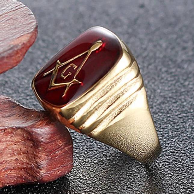 Master Mason Blue Lodge Ring - Casted Square & Compass G Red Stainless Steel - Bricks Masons