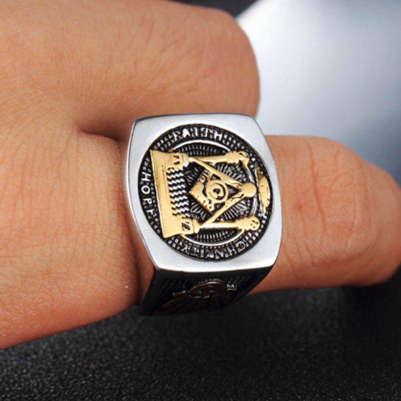 Master Mason Blue Lodge Ring - Faith Hope Charity Pillars Gold & Silver - Bricks Masons