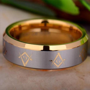 Master Mason Blue Lodge Ring - Gold Beveled Tungsten Personalizable - Bricks Masons