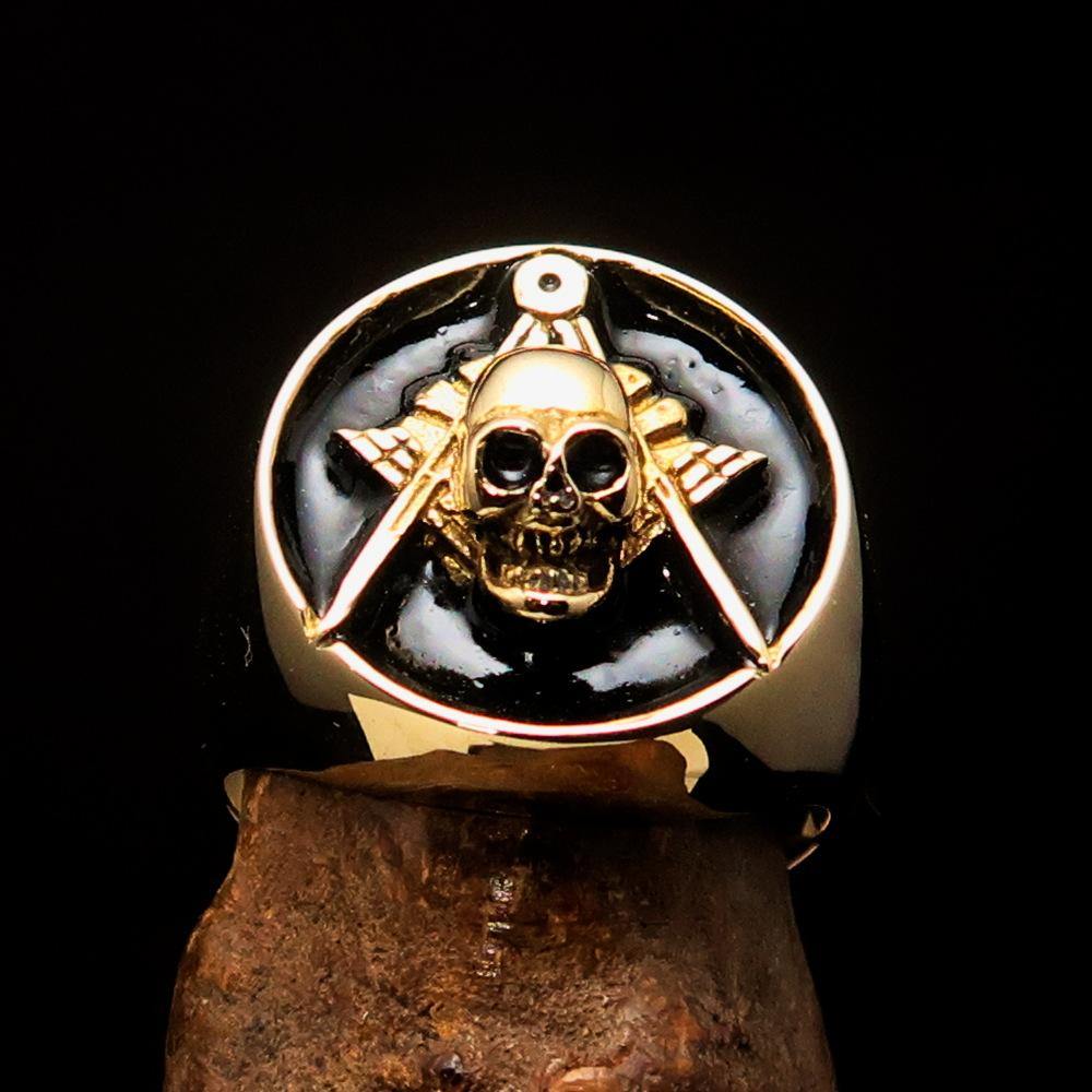 Master Mason Blue Lodge Ring - Gold & Black Solid Brass With Skull Square Compass - Bricks Masons