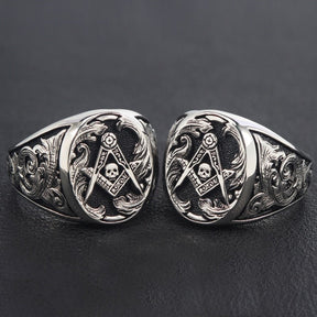 Master Mason Blue Lodge Ring - Signet Skull Square and Compass 925 Sterling Silver - Bricks Masons