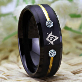 Master Mason Blue Lodge Ring - Square and Compass G Tungsten Black Personalizable - Bricks Masons