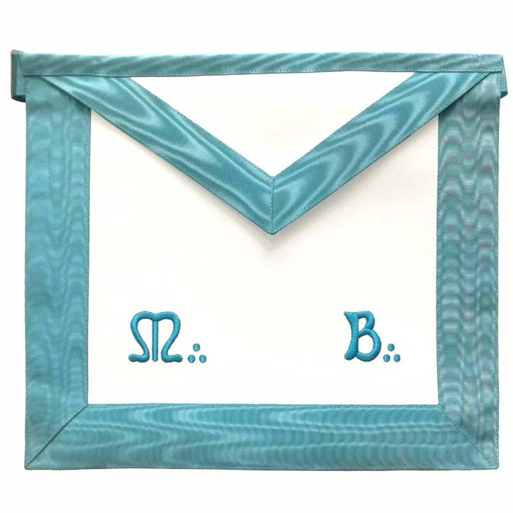 Master Mason French Rite Apron - White & Sky Blue Moire Machine Embroidery - Bricks Masons