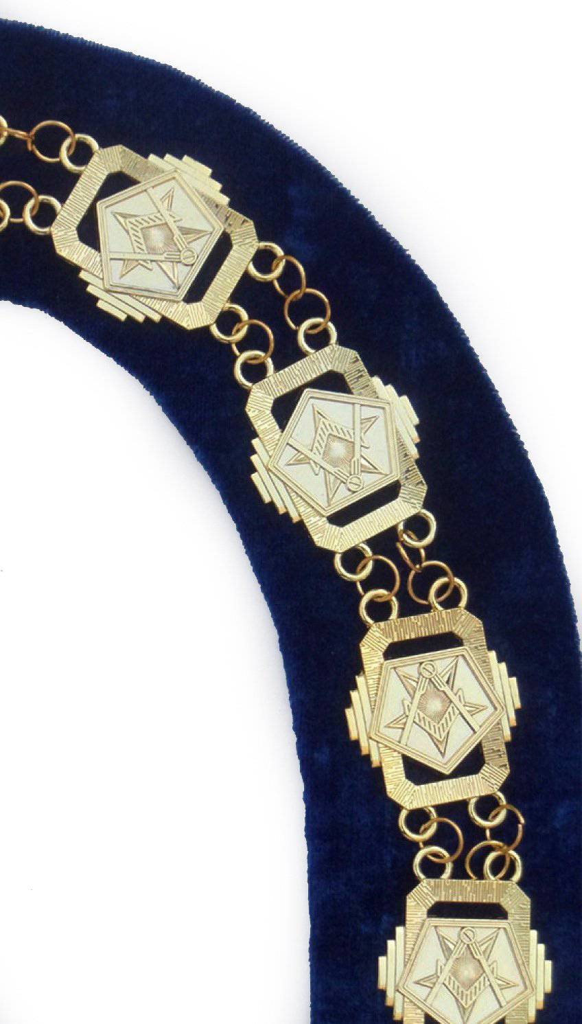 OES Chain Collar - Gold Plated Square & Compass on Blue Velvet - Bricks Masons