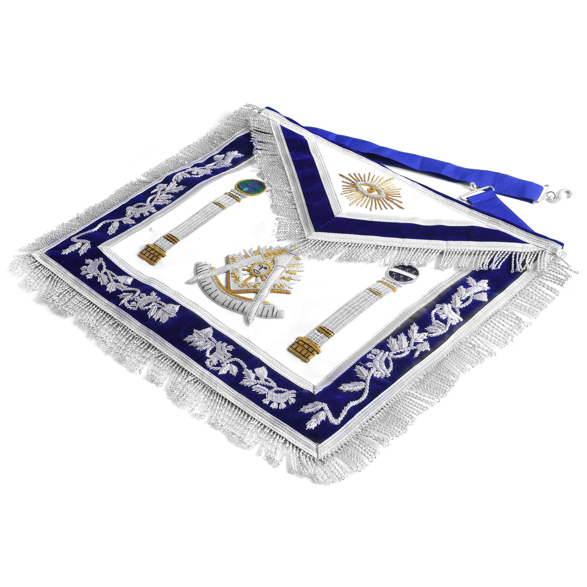 Past Master Blue Lodge California Regulation Apron - Blue & Gold Hand Embroidery Bullion With Pillars - Bricks Masons