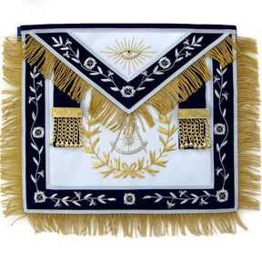Past Master Blue Lodge Apron - Silver Braid & Golden Fringe Tassels Hand Embroidery - Bricks Masons
