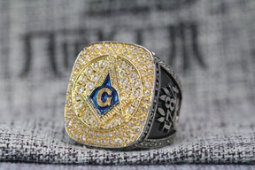 Master Mason Blue Lodge Ring - Prince Hall Gold Face With Rhinestones - Bricks Masons