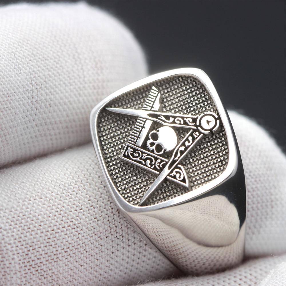 Master Mason Blue Lodge Ring - Signet Skull Square & Compass 925 Sterling Silver