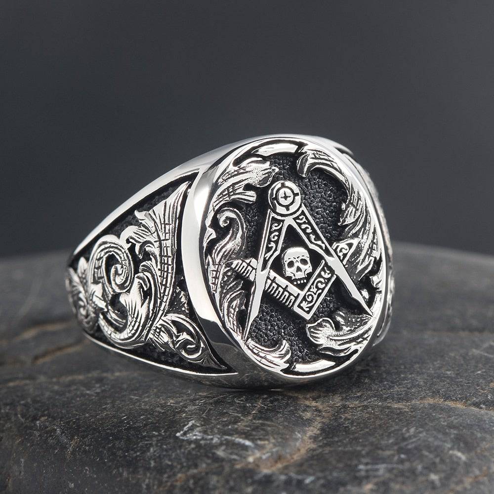 Master Mason Blue Lodge Ring - Signet Skull Square and Compass 925 Sterling Silver