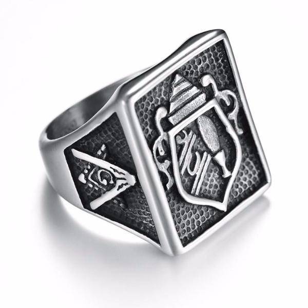 Master Mason Blue Lodge Ring - Silver Titanium Steel