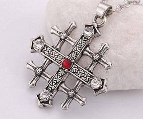 Knights Templar Commandery Necklace - Jerusalem Cross Medieval Red Crystal