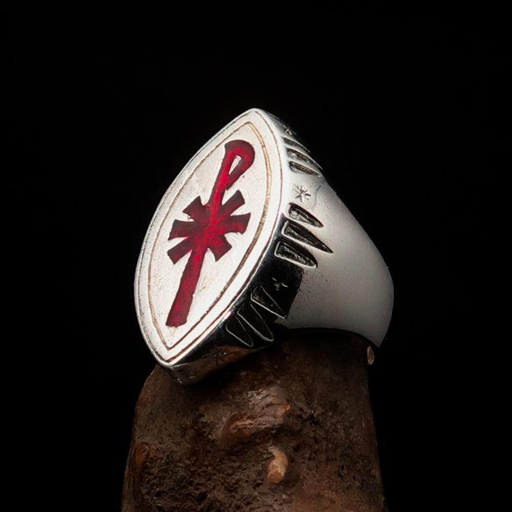 Red Cross Of Constantine Ring - Silver & Red Chi Rho Christogram Sterling Silver - Bricks Masons
