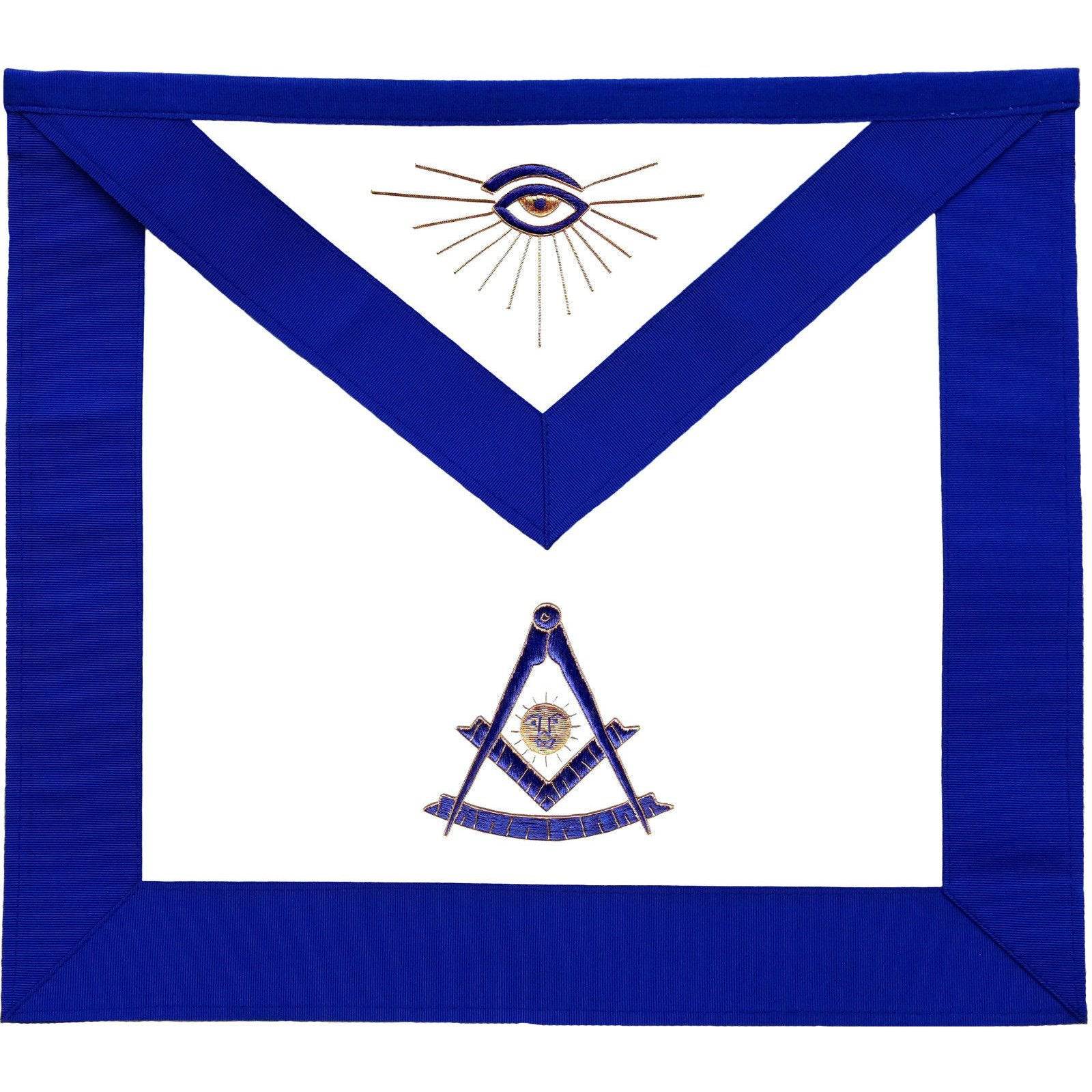 Past Master Blue Lodge Apron - Blue Grosgrain with Gold & Blue Hand Embroidery