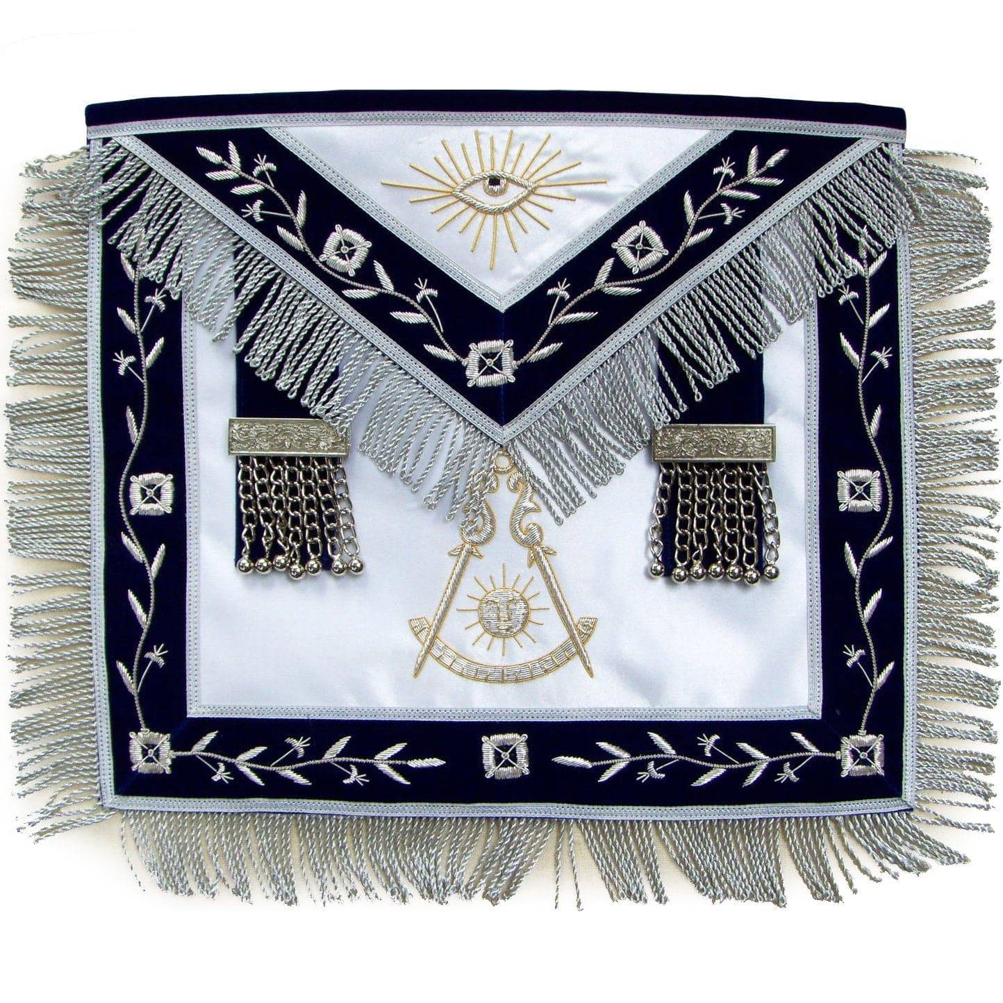 Past Master Blue Lodge Apron - Navy Blue with Hand Embroidered Vinework & Silver Fringe