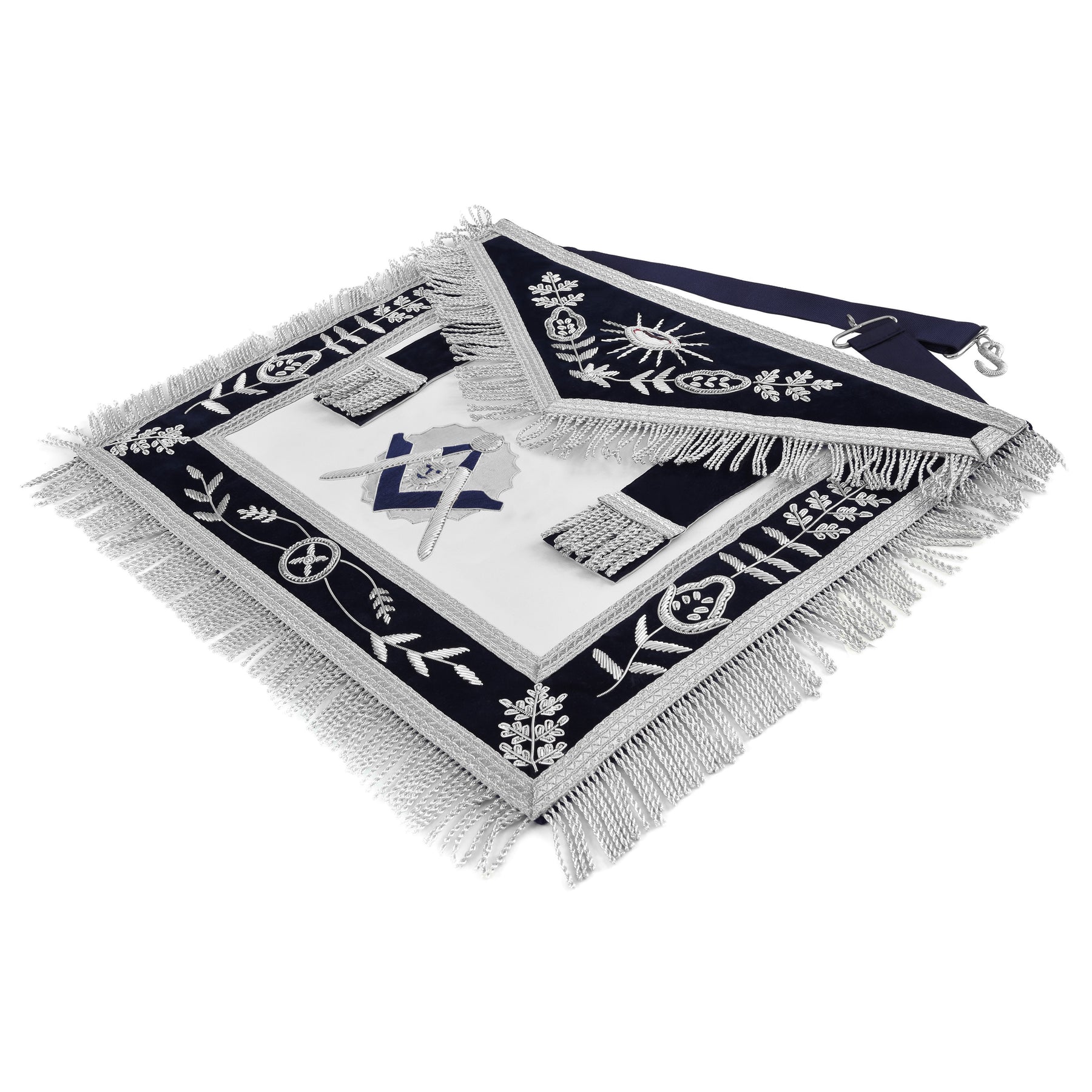 Senior Deacon Blue Lodge California Officer Apron - Dark Blue With Silver Hand Embroidery Bullion - Bricks Masons