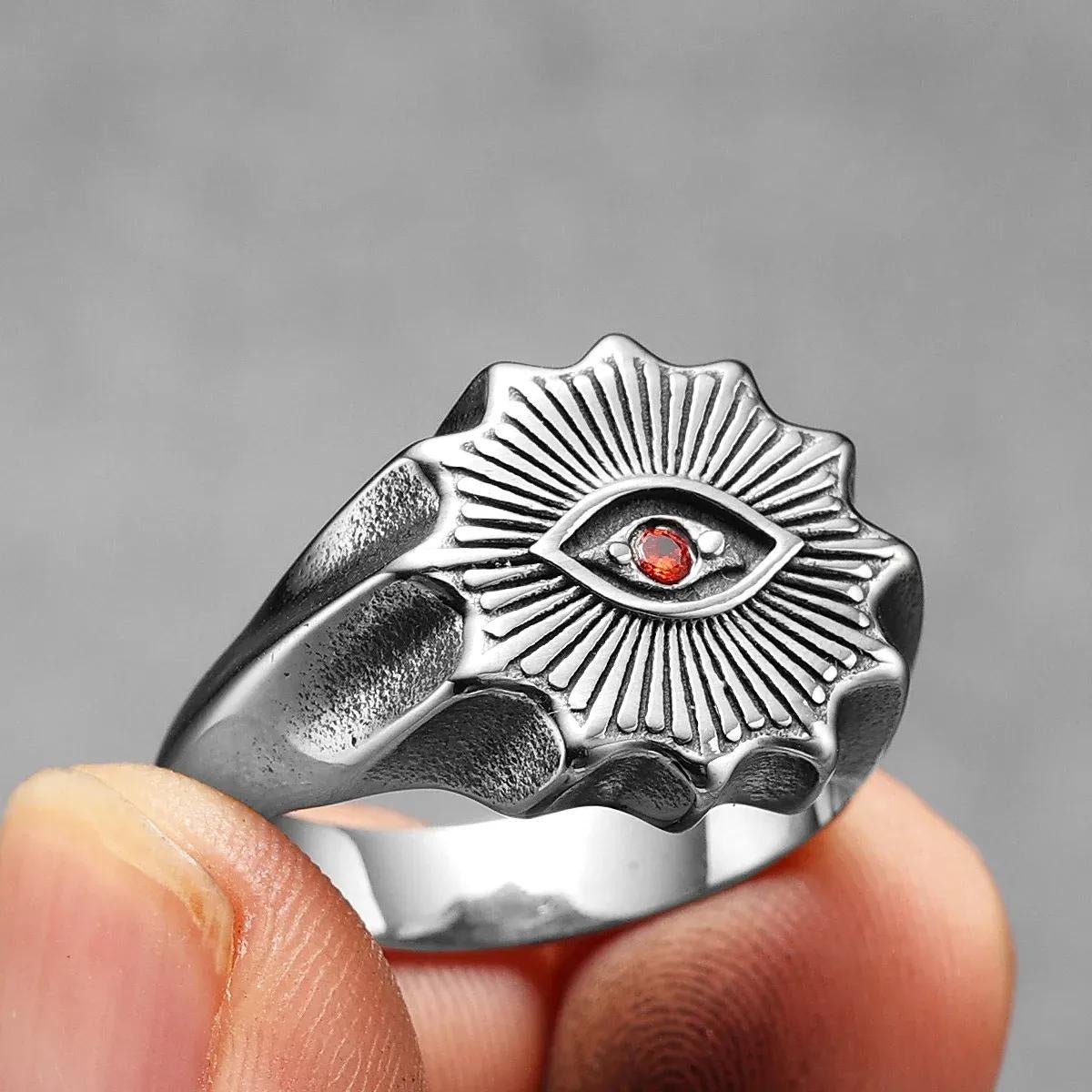 Eye Of Providence Ring - Stainless Steel With Red Rhinestone - Bricks Masons