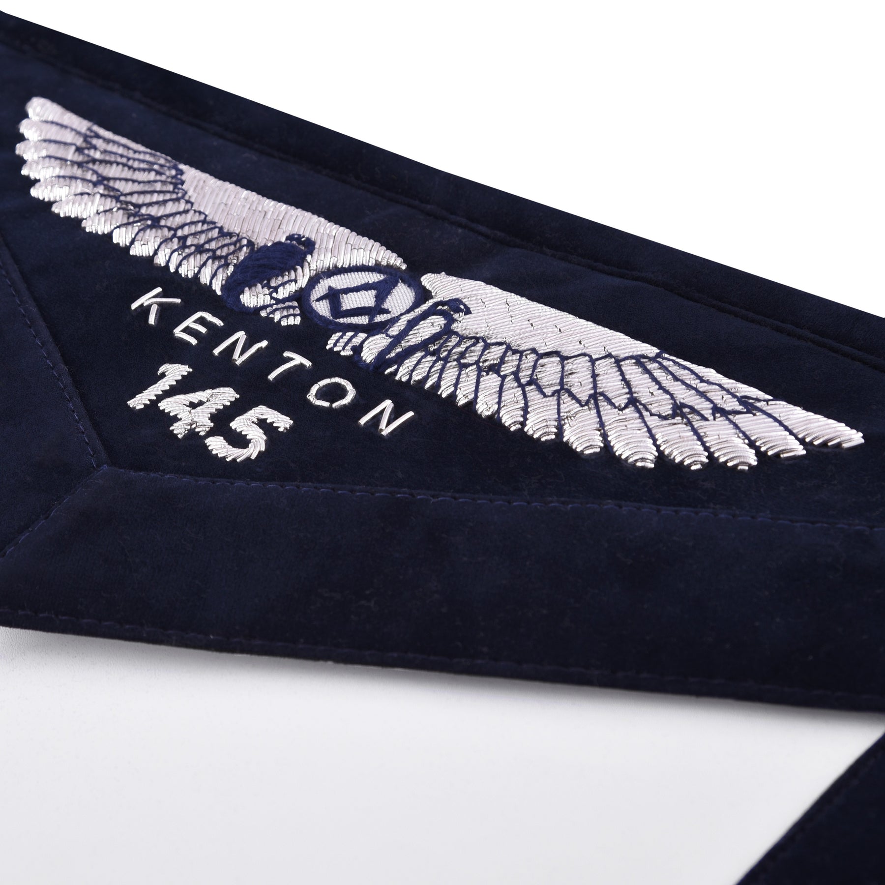 Treasurer Blue Lodge Officer Apron - Kenton Lodge Navy Velvet With Silver Embroidery Thread - Bricks Masons