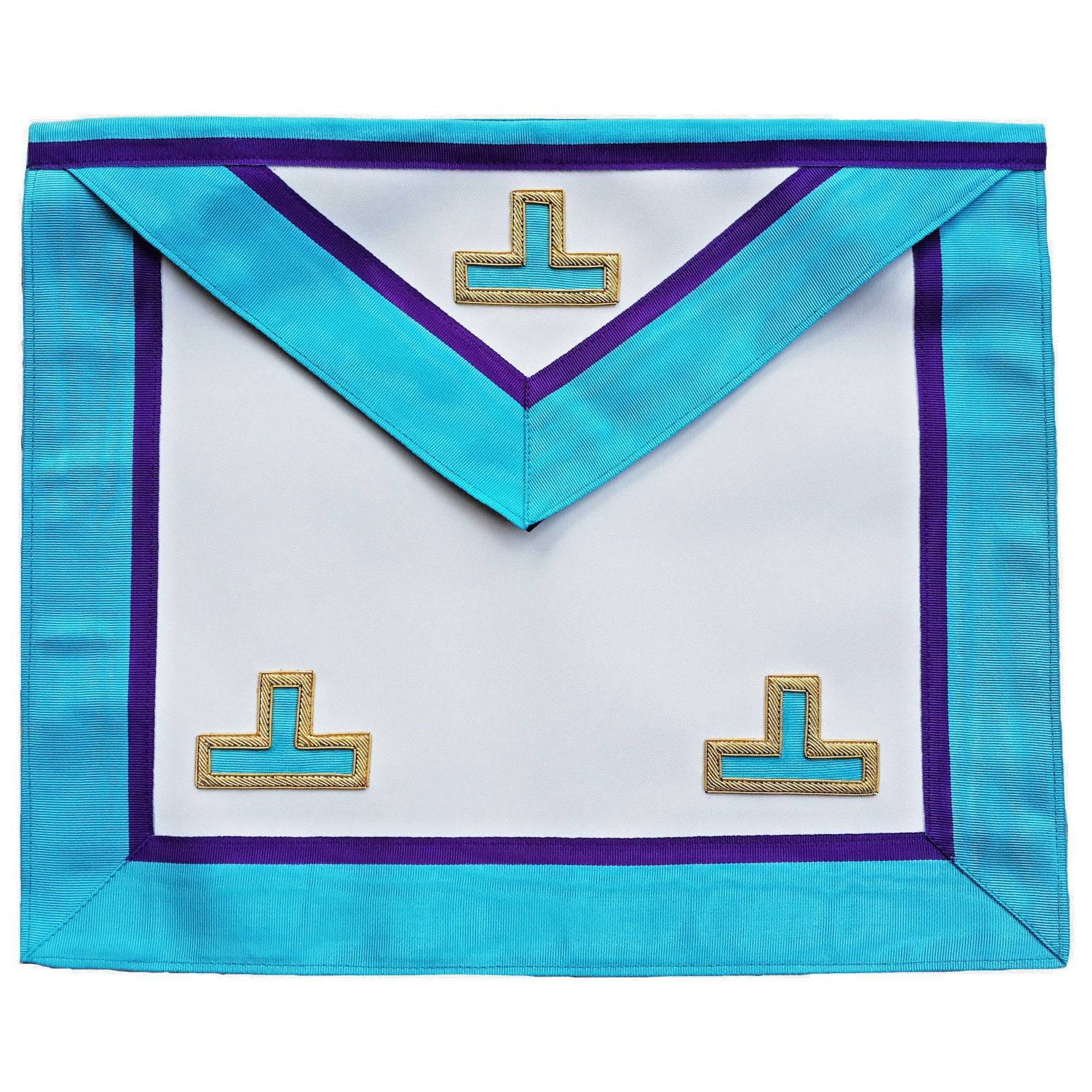 Worshipful Master Apron - White, Turquoise & Royal Blue Hand Embroidery - Bricks Masons