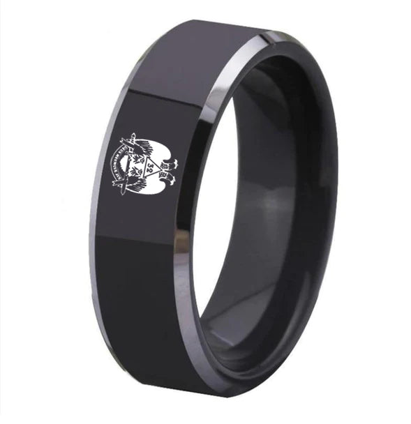 32nd Degree Scottish Rite Ring - Wings Down Black Tungsten Carbide - Bricks Masons