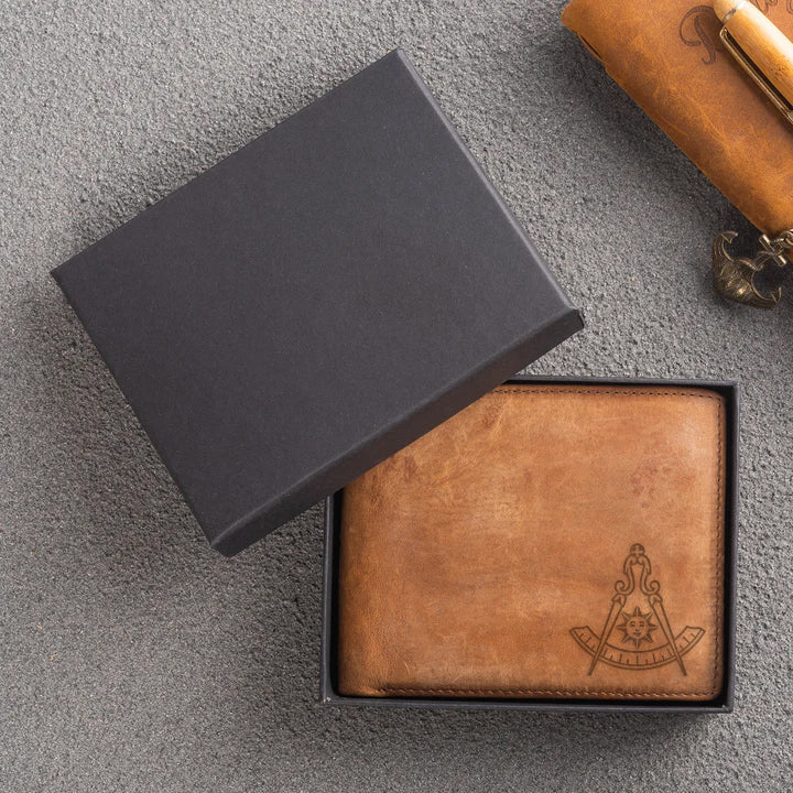 Handmade Leather Past Master Blue Lodge California Regulation Wallet - Light & Dark Brown - Bricks Masons