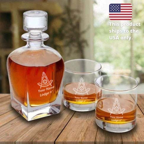 Past Master Blue Lodge California Regulation Decanter - 2 Whiskey Tumbler Glasses Set - Bricks Masons