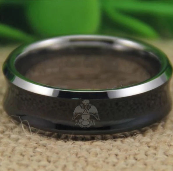 33rd Degree Scottish Rite Ring - Wings Down Black Silver Edges - Bricks Masons