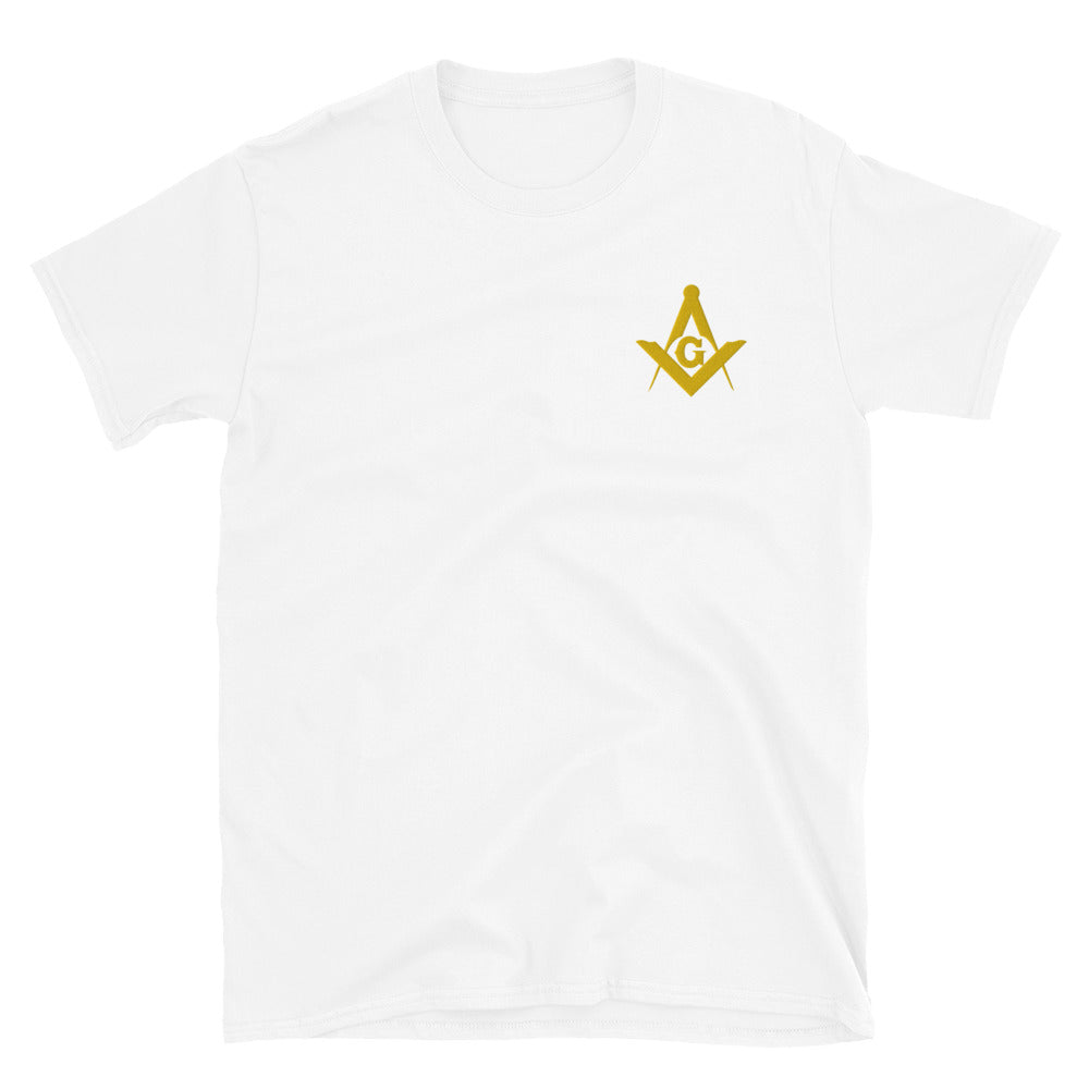 Master Mason Blue Lodge T-Shirt - Golden Embroidery Square & Compass G - Bricks Masons
