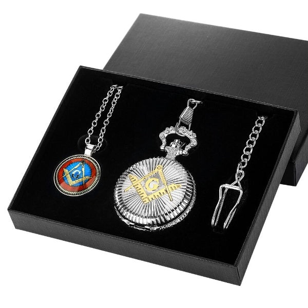 Master Mason Blue Lodge Pocket Watch - Square ad Compass with G Set with Pendant Necklace - Bricks Masons